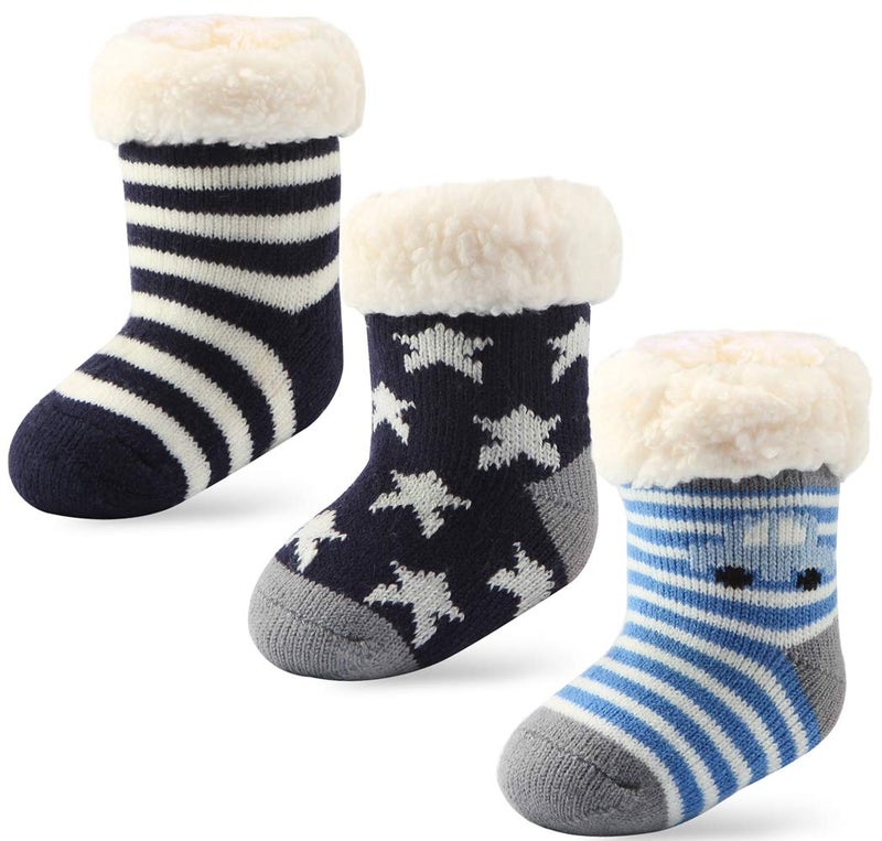 Cottock 3 Pairs Toddler Girl Boy Sherpa-lined Fuzzy Socks Anti Skid with Grips, Baby Girl Boy Christmas Socks Kids Slipper Socks (2-3 years, 3 pairs boys) - Image 1